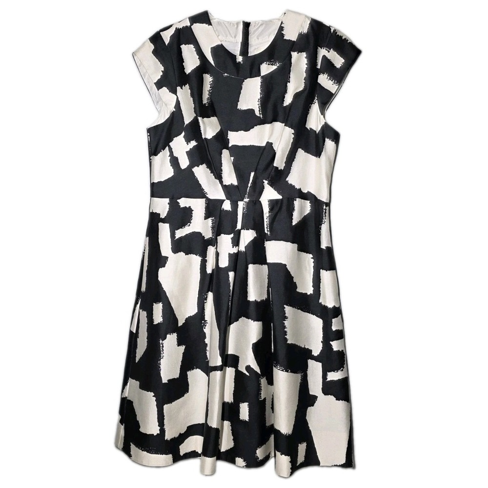 KATE SPADE Black White Abstract Print Pleated Waist Dress Size 14